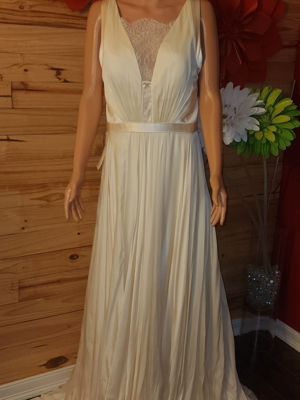 BHLDN Anthropologie Ivory Satin V-Neck Lace-Inset Maxi Gown